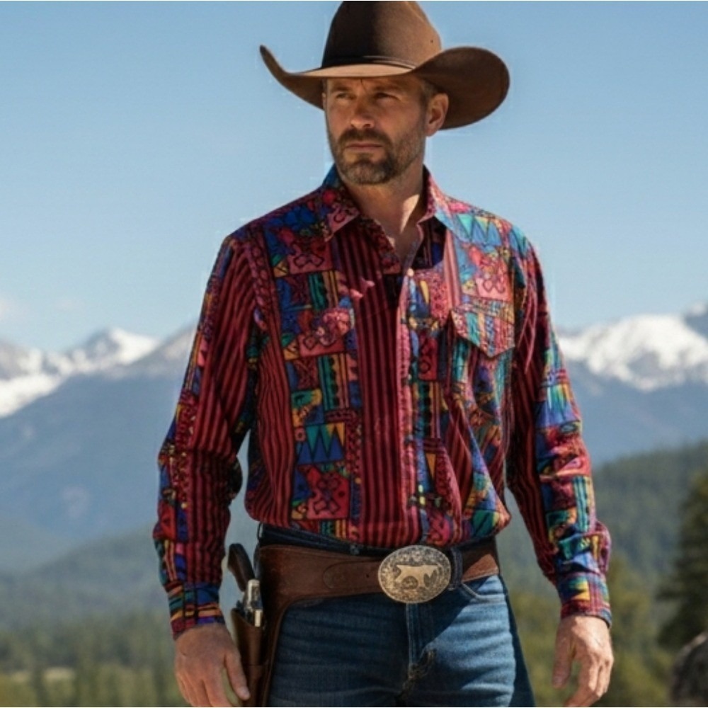 VTG‎ Wrangler Brushpopper Shirt X-Long Tails Western Rodeo Aztec Cowboy 16.5-36